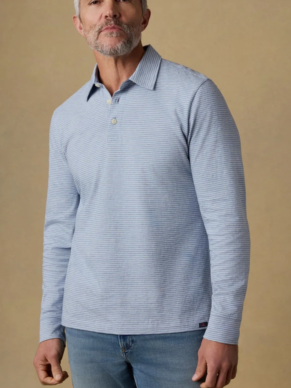 Faherty | Long Sleeve Sunwashed Pima Cotton T-Shirt Polo | Dune Stripe Blue | XL
